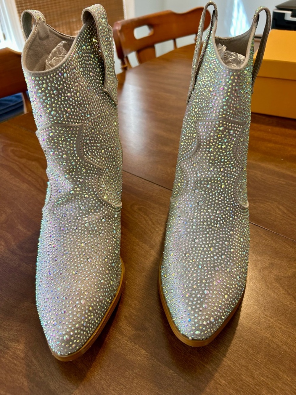 Embellished Iridescent Crystal Western Ankle Boots - Women